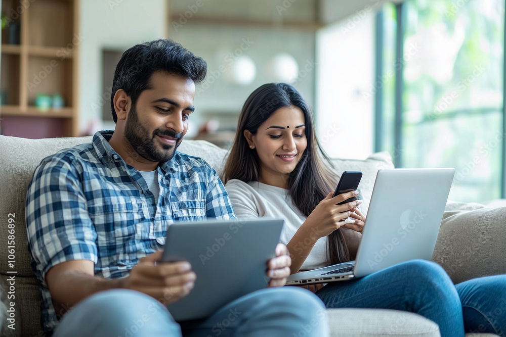 Couple Relaxing at Home with Digital Devices Couple Relaxing at Home with Digital Devices