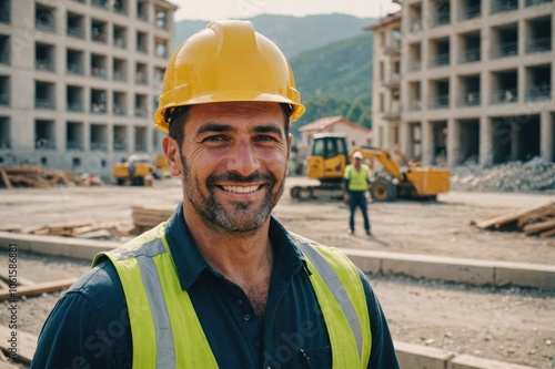 Close portrait of a smiling 40s Montenegrin man construction worker looking at the camera, Montenegrin outdoors construction site blurred background