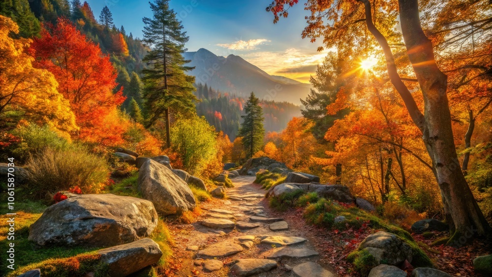 Fototapeta premium A winding trail navigates through vibrant autumn foliage, surrounded by towering trees in a serene forested mountain region, inviting exploration and tranquility.