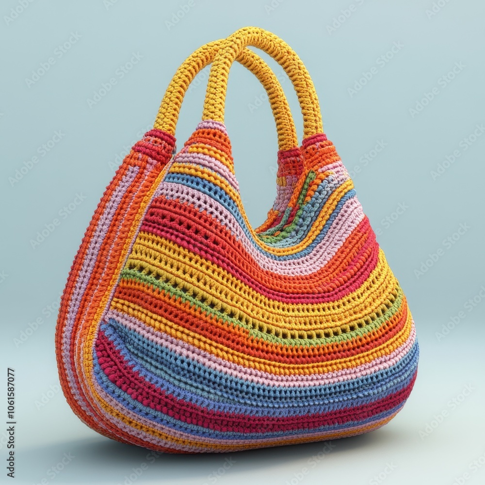 Vibrant Crocheted Tote Bag with Colorful Striped Pattern Vibrant Crocheted Tote Bag with Colorful Striped Pattern