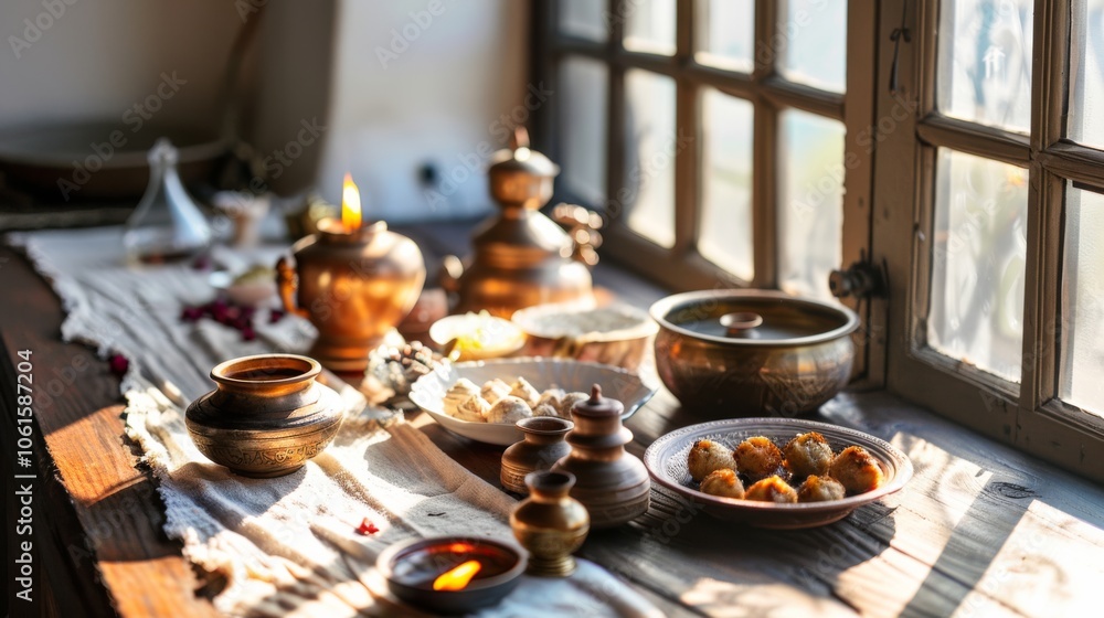 A rustic arrangement of traditional pottery and dishes is beautifully lit near a window, evoking nostalgia and warmth of a homely, cultural setting. A rustic arrangement of traditional pottery and dishes is beautifully lit near a window, evoking nostalgia and warmth of a homely, cultural setting.