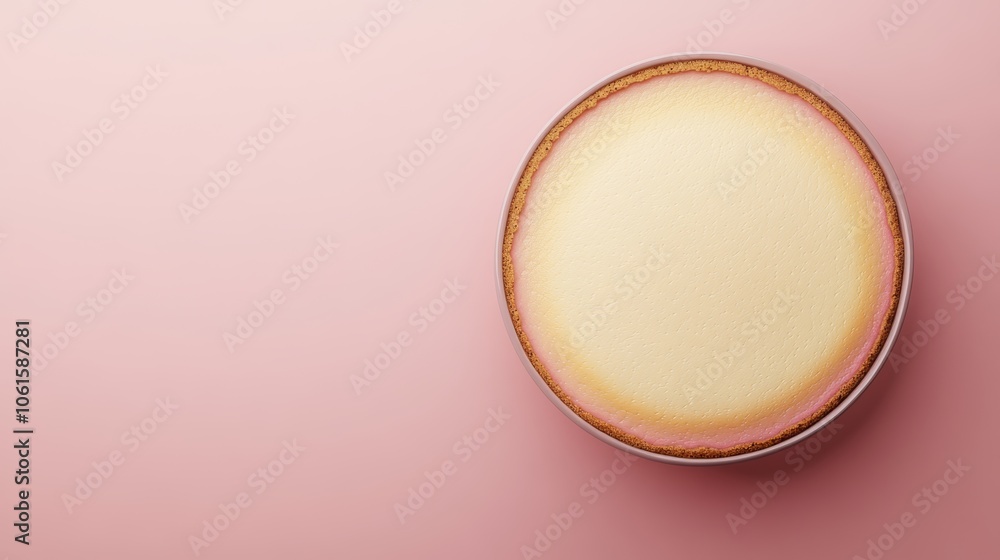 A round cheesecake, with a pink rim, sits on a pink background. A round cheesecake, with a pink rim, sits on a pink background.