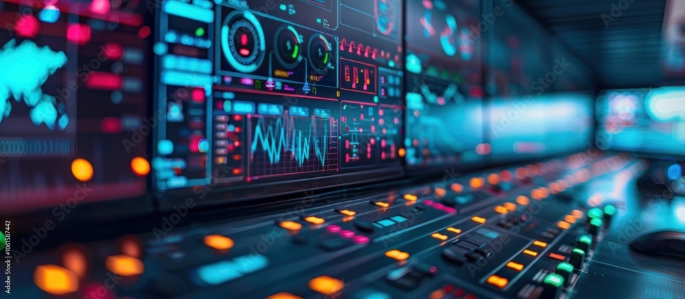 Close up of a high tech audio mixing console with various illuminated buttons knobs faders and a digital display Close up of a high tech audio mixing console with various illuminated buttons knobs faders and a digital display