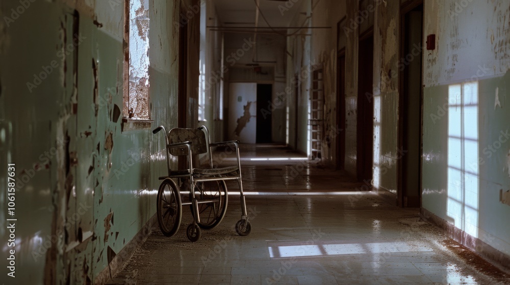 A rusty wheelchair rests abandoned in a desolate, peeling corridor, sunlight streaming in, highlighting a poignant sense of forgotten history.