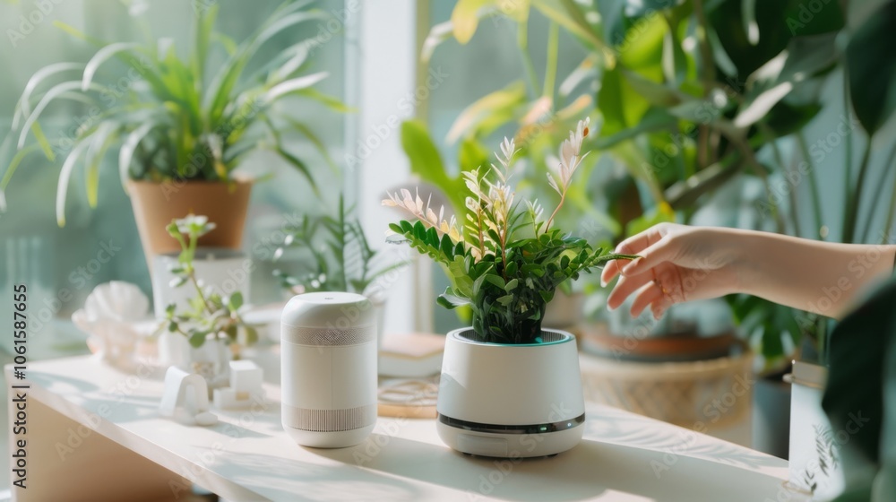 A gentle touch caresses houseplants bathed in morning light, fostering a serene atmosphere teeming with nature and tranquility. A gentle touch caresses houseplants bathed in morning light, fostering a serene atmosphere teeming with nature and tranquility.