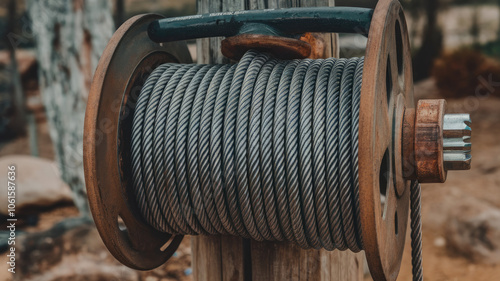 Close-up of a heavy-duty metal cable reel with thick steel wire, set against a rustic backdrop of natural textures and earthy tones.