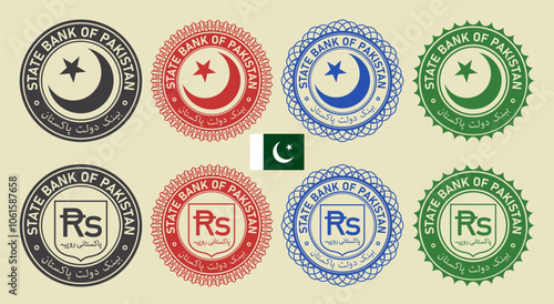 Vector graphic set of financial fictional color seals. Round icons, crescent with star and shield with symbol of rupee. Urdu inscription meaning pakistani rupee and State Bank of Pakistan.