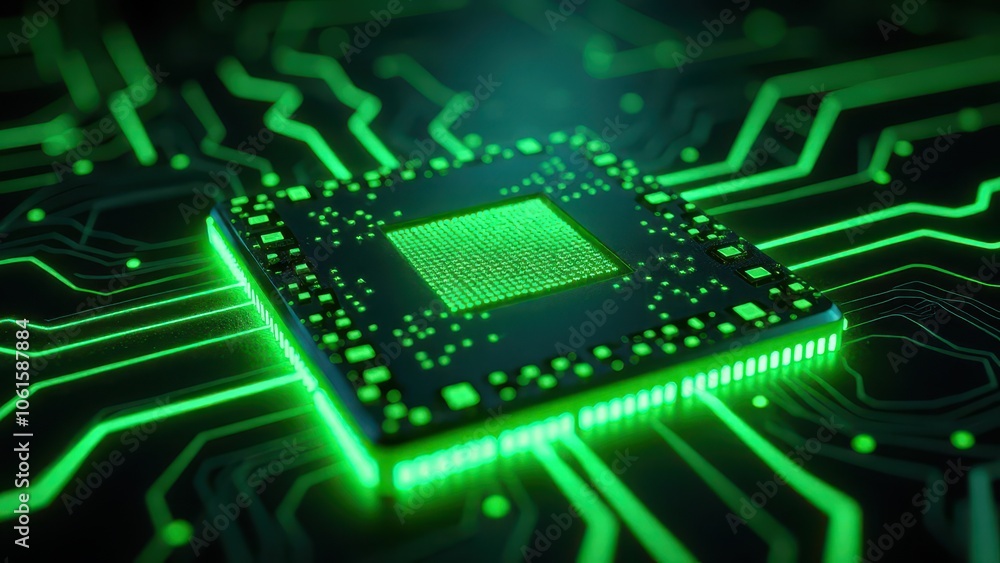 Close-up of illuminated green microchip on circuit board Close-up of illuminated green microchip on circuit board
