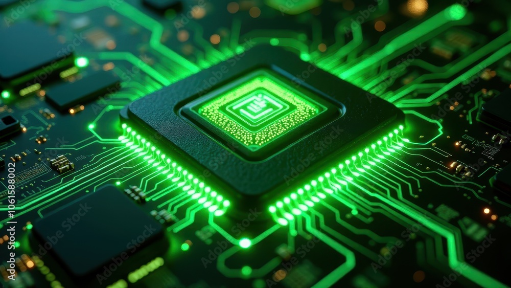 Close-up of illuminated green microchip on circuit board Close-up of illuminated green microchip on circuit board