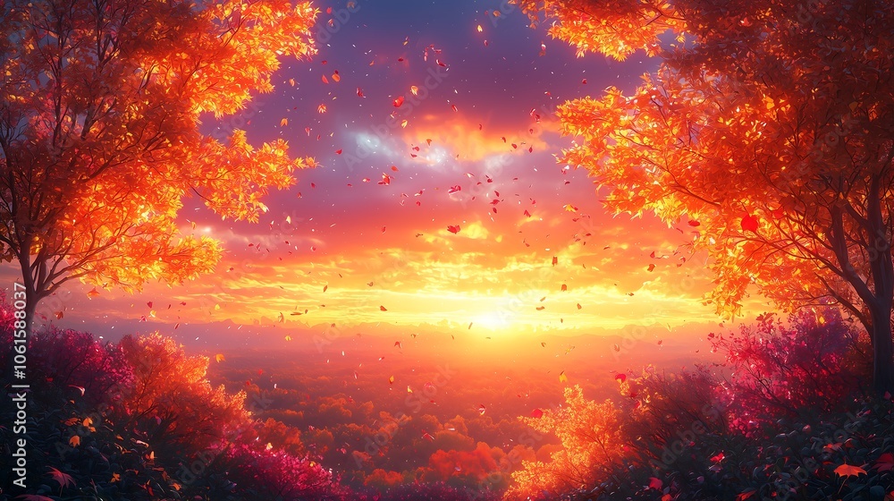 Naklejka premium Autumn sunset, A stunning sunset illuminating autumn trees, with sky colors transitioning from orange to purple