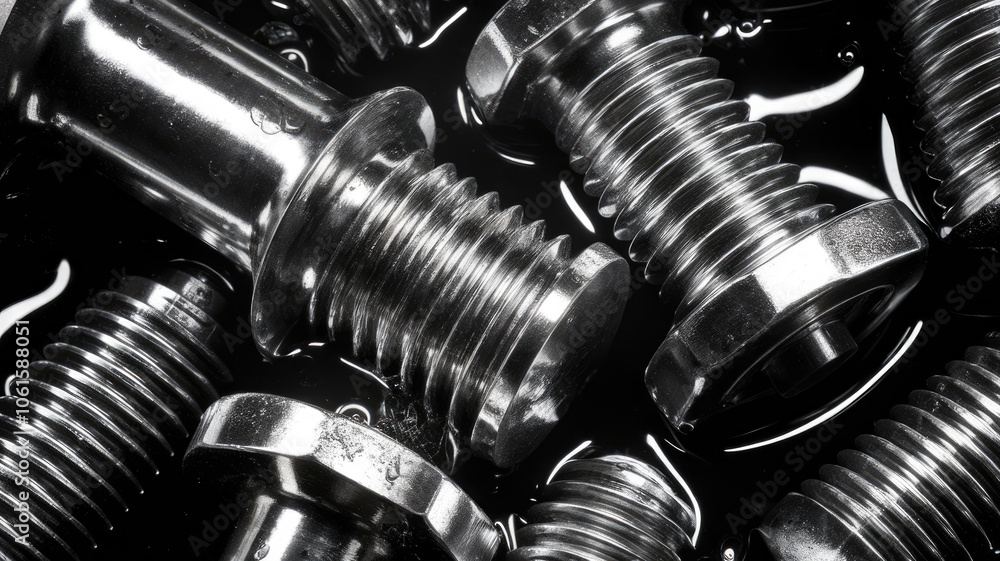 Close-up of shiny, metallic bolts and screws submerged in dark, reflective fluid, showcasing texture and precision engineering. Close-up of shiny, metallic bolts and screws submerged in dark, reflective fluid, showcasing texture and precision engineering.