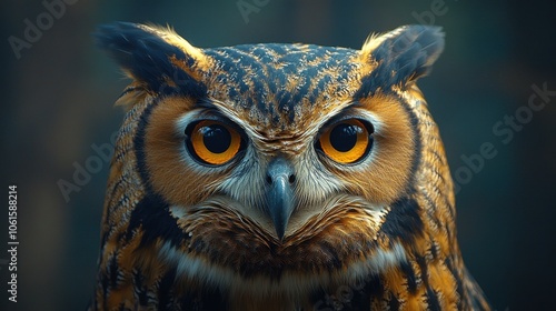 Close-Up Portrait of an Eagle Owl with Amber Iris and Long Beak, Orange and Black Plumage, Against a Dark Background 