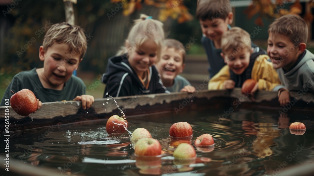 Children gleefully engage in an apple-bobbing game, their faces filled with excitement and joy, under the crisp autumn air. Children gleefully engage in an apple-bobbing game, their faces filled with excitement and joy, under the crisp autumn air.