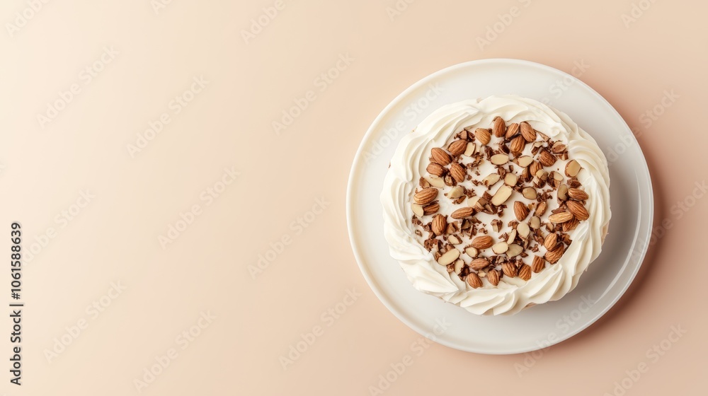 A top view of a white cake with almond slices on a white plate on a peach background. A top view of a white cake with almond slices on a white plate on a peach background.