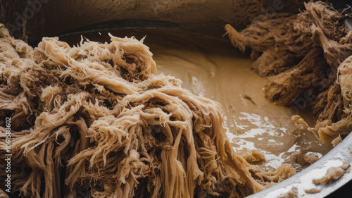 Close-up of textured fibers and creamy mixture, showcasing a unique organic process in a workshop setting. photo