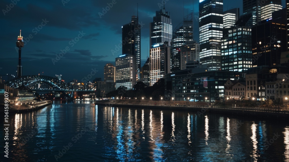 Obraz premium A dazzling city skyline reflects on the calm river, with buildings shimmering in the night, bridge in view, creating an atmospheric urban scene.