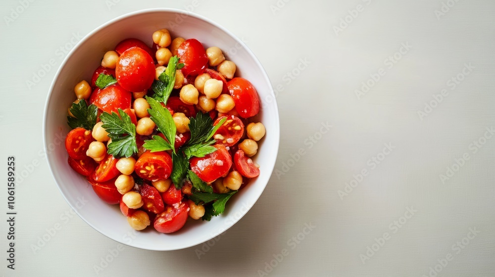 A white bowl filled with a chickpea and cherry tomato salad with fresh parsley. A white bowl filled with a chickpea and cherry tomato salad with fresh parsley.