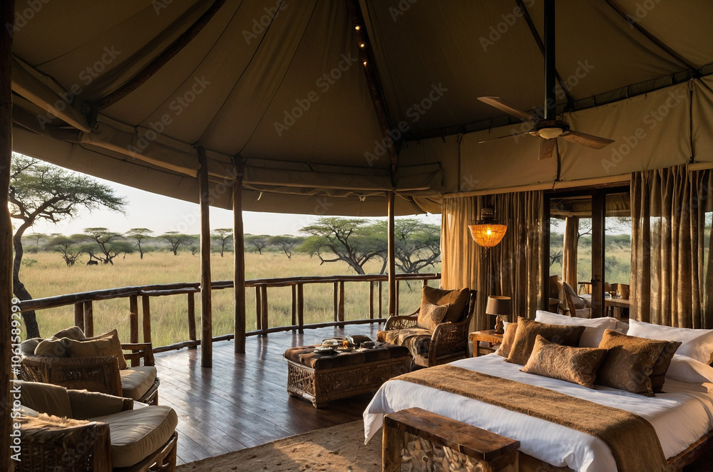 A high-end tented safari lodge featuring refined interiors, private decks, and panoramic views of wildlife A high-end tented safari lodge featuring refined interiors, private decks, and panoramic views of wildlife