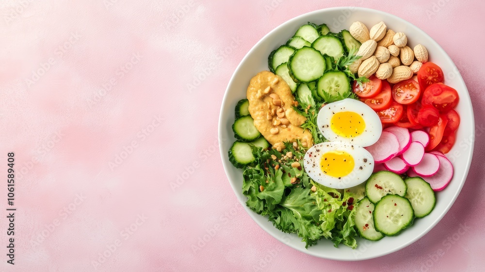 A white bowl filled with a salad of chopped cucumbers, tomatoes, radishes, lettuce, and two boiled eggs topped with peanut butter and nuts, on a pink background. A white bowl filled with a salad of chopped cucumbers, tomatoes, radishes, lettuce, and two boiled eggs topped with peanut butter and nuts, on a pink background.