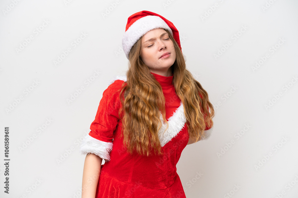 Young caucasian woman with Christmas dress isolated on white background suffering from backache for having made an effort Young caucasian woman with Christmas dress isolated on white background suffering from backache for having made an effort