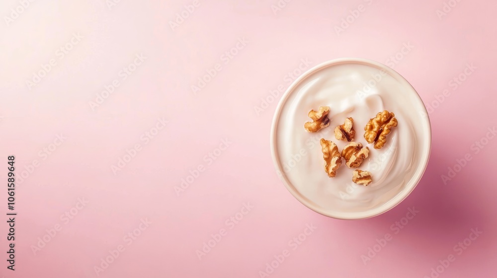 A white bowl filled with yogurt and walnuts on a pink background. A white bowl filled with yogurt and walnuts on a pink background.