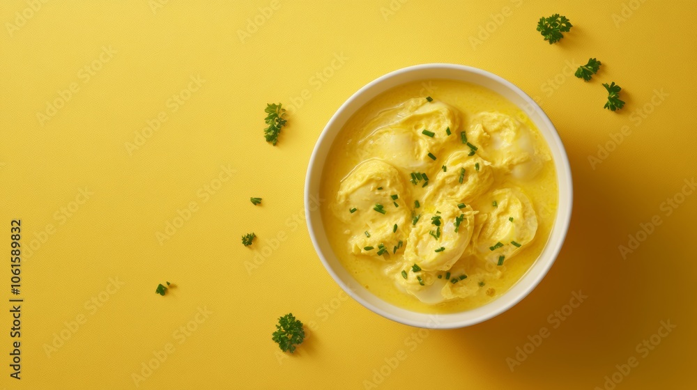 A white bowl of creamy soup with green garnish on a bright yellow background. A white bowl of creamy soup with green garnish on a bright yellow background.