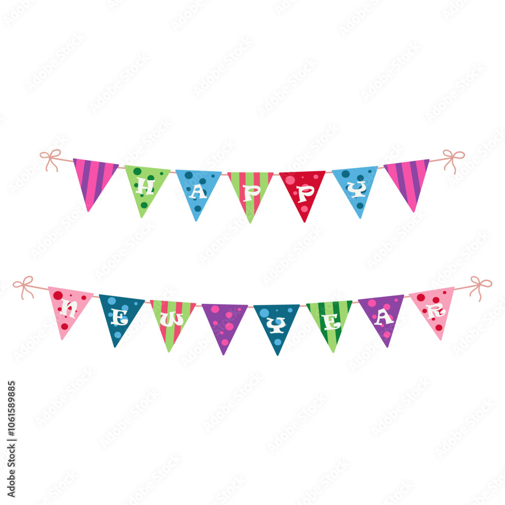 Obraz premium Colorful Christmas and Holiday Decoration Elements. New Year party flags and lights