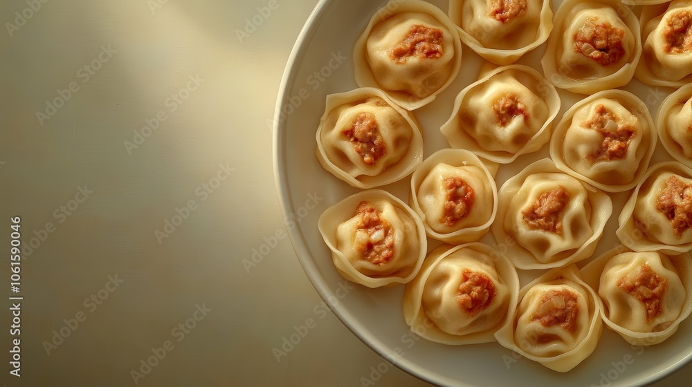 A white plate filled with small, cooked dumplings with a light brown filling, arranged in a circular pattern. A white plate filled with small, cooked dumplings with a light brown filling, arranged in a circular pattern.