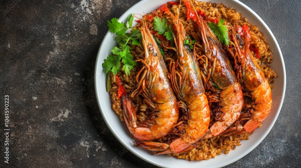 A white plate of fried rice with large prawns, garnished with cilantro and red bell pepper. A white plate of fried rice with large prawns, garnished with cilantro and red bell pepper.