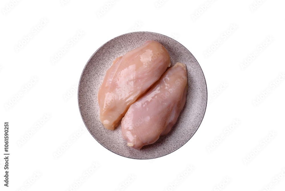 Pieces of raw chicken or turkey fillet with salt, spices and herbs Pieces of raw chicken or turkey fillet with salt, spices and herbs