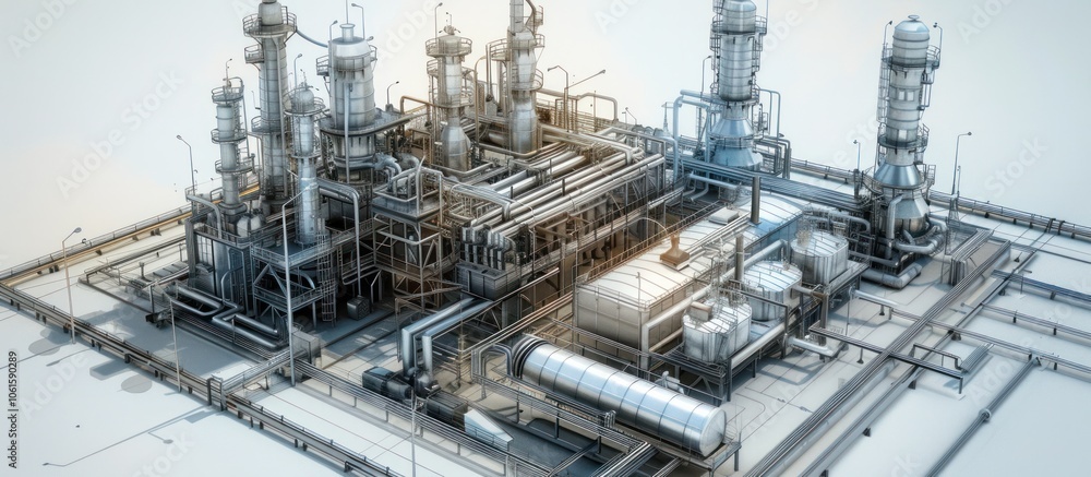 Aerial view of a massive industrial plant complex with intricate network of pipelines storage tanks and advanced machinery for the production processing Aerial view of a massive industrial plant complex with intricate network of pipelines storage tanks and advanced machinery for the production processing