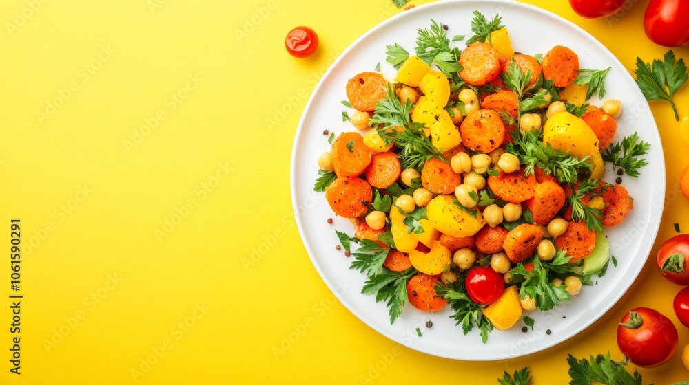 A white plate with a colorful salad of chickpeas, carrots, and bell peppers on a bright yellow background. A white plate with a colorful salad of chickpeas, carrots, and bell peppers on a bright yellow background.