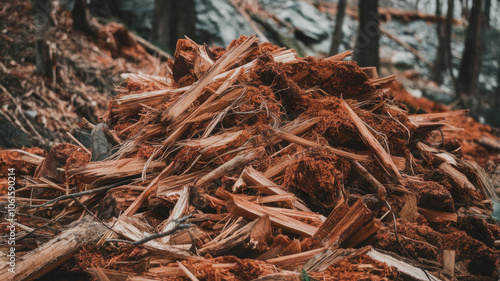 A close-up of a pile of freshly chopped wood in a forest. The rich, warm tones of the wood contrast beautifully with the earthy setting, evoking a sense of nature's bounty.