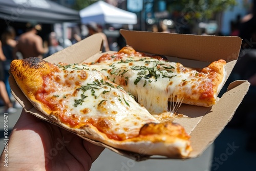 A close-up shot of a pizza slice with a perfect cheese pull, captured at a lively street festival, highlighting a casual and fun dining experience. Great for food vendors and festival promotions photo