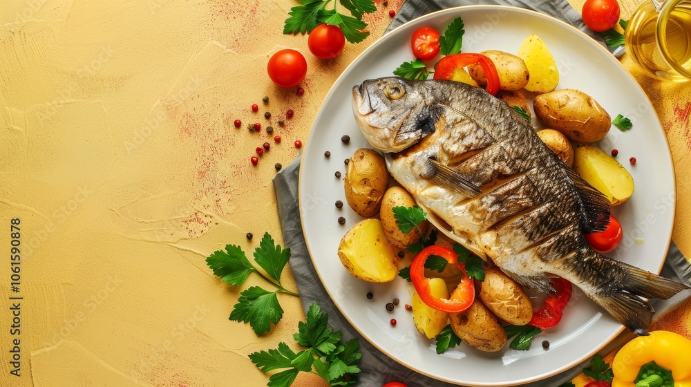 A whole grilled fish, with potatoes and pepper on a plate. A whole grilled fish, with potatoes and pepper on a plate.