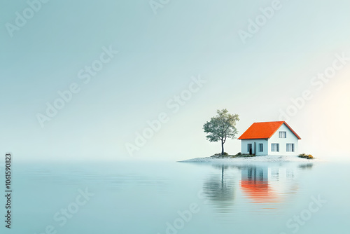 Minimalist illustration of a house on an island in the middle of the ocean, Generative AI