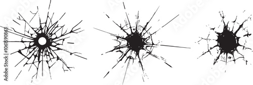 Set of bullet hole in glass, wall and ground. Ground, wall cracks, breaks on land surface. Texture set  Broken glass. Cracked window glass silhouette holes.