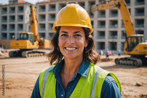 Close portrait of a smiling 40s Portuguese woman construction worker looking at the camera, Portuguese outdoors construction site blurred background