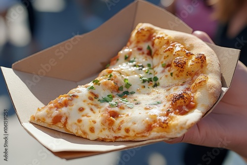 A close-up shot of a pizza slice with a perfect cheese pull, captured at a lively street festival, highlighting a casual and fun dining experience. Great for food vendors and festival promotions photo