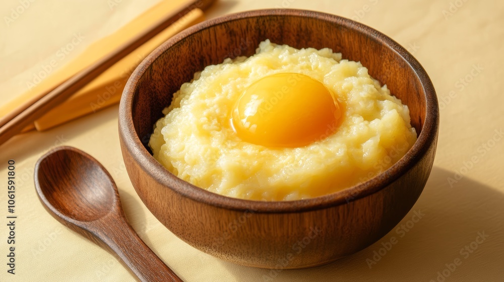 A wooden bowl of rice with a raw egg yolk on top, along with a wooden spoon and chopsticks. A wooden bowl of rice with a raw egg yolk on top, along with a wooden spoon and chopsticks.