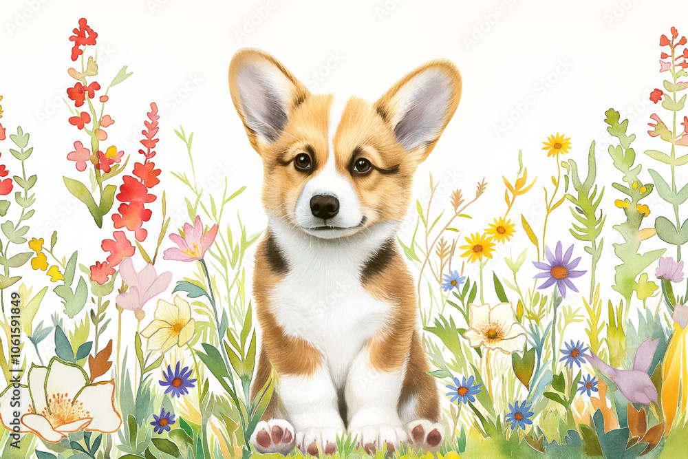 Adorable corgi puppy sitting in a meadow of colorful flowers Adorable corgi puppy sitting in a meadow of colorful flowers