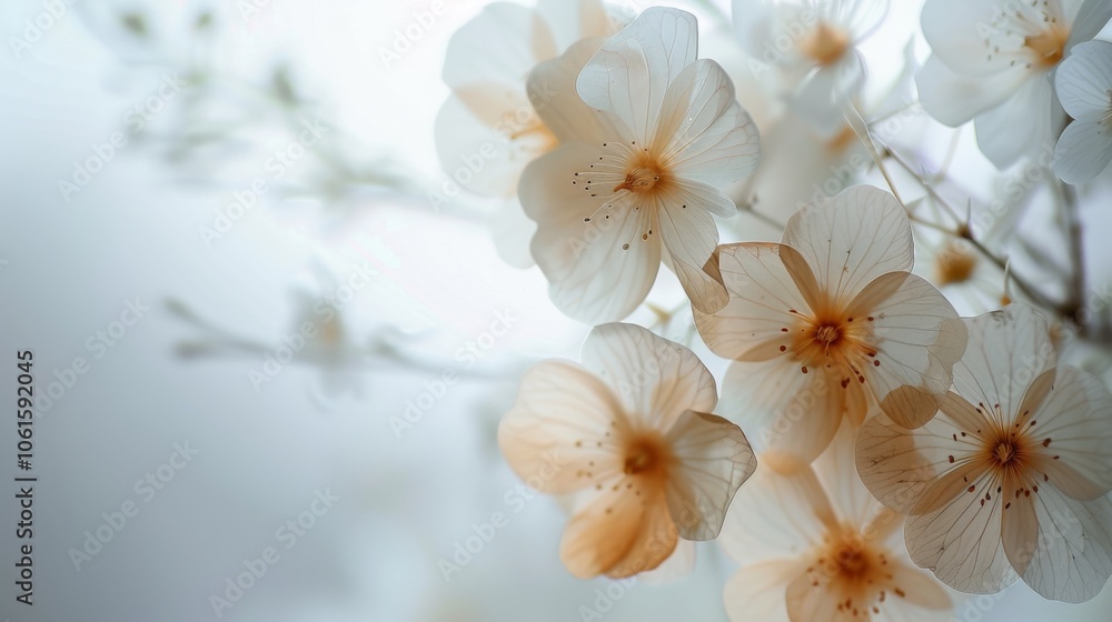Delicate white flowers with subtle hues of light peach bloom elegantly against a blurred background, creating a dreamy and ethereal composition. Delicate white flowers with subtle hues of light peach bloom elegantly against a blurred background, creating a dreamy and ethereal composition.