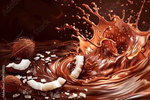 Realistic chocolate milk wave splash and coconut. Hot cacao drink, melted chocolate dessert or yogurt