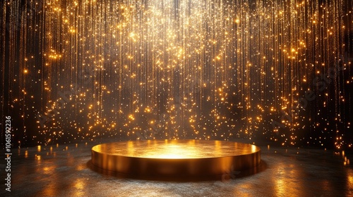 An empty stage podium set against a luxurious gold background with glowing lights adding a touch of elegance and grandeur. The shiny glow lights highlight the golden backdrop, making it ideal for show