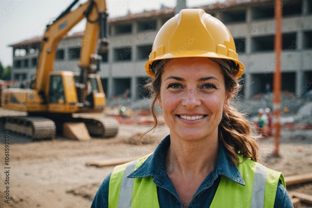 Close portrait of a smiling 40s Sammarinese woman construction worker looking at the camera, Sammarinese outdoors construction site blurred background Close portrait of a smiling 40s Sammarinese woman construction worker looking at the camera, Sammarinese outdoors construction site blurred background