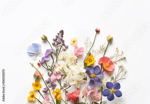 A beautiful bouquet of fresh spring colorful pastel flowers, flat lay on a white background. Text space available for beautiful fresh and dry flowers on a white background in a flat lay.