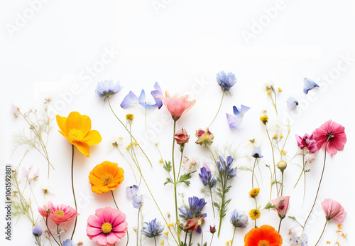 A beautiful bouquet of fresh spring colorful pastel flowers, flat lay on a white background. Text space available for beautiful fresh and dry flowers on a white background in a flat lay.