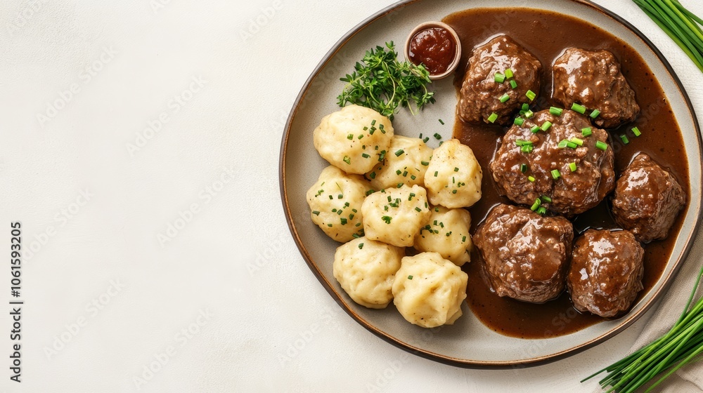 Close-up of a plate with meatball, gravy, potato dumplings, and green onions.