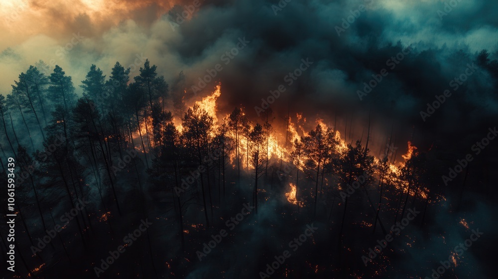 Devastating forest fire raging through trees under a dramatic sky at sunset Devastating forest fire raging through trees under a dramatic sky at sunset