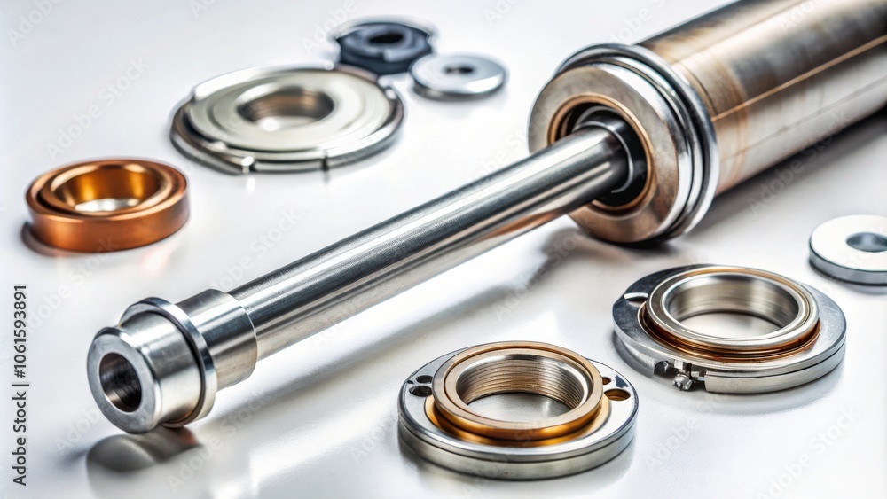 A Shiny, Precisely Machined Metal Rod with Various Circular Components Surrounding It A Shiny, Precisely Machined Metal Rod with Various Circular Components Surrounding It